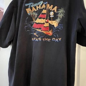 Tommy Bahama men's size medium embroidered "Seas The Day" black silk camp shirt